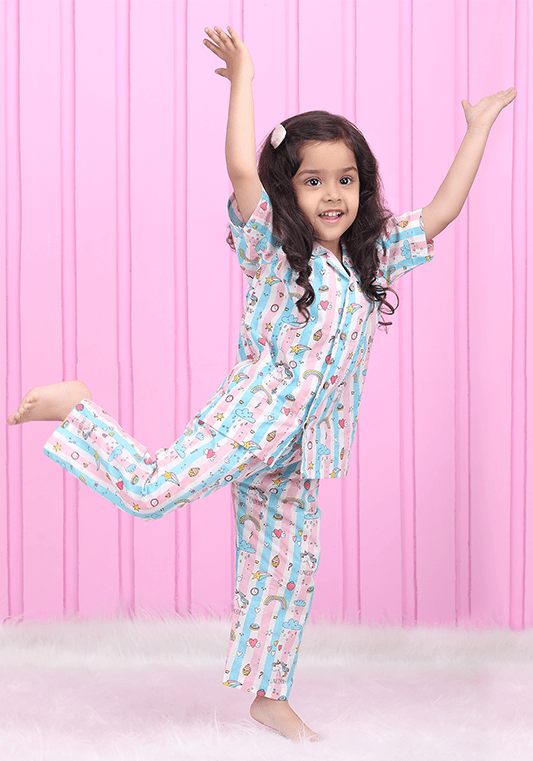 Polka Tots Half Sleeve Unicorn Stripes Print Night Suit - Multicolor