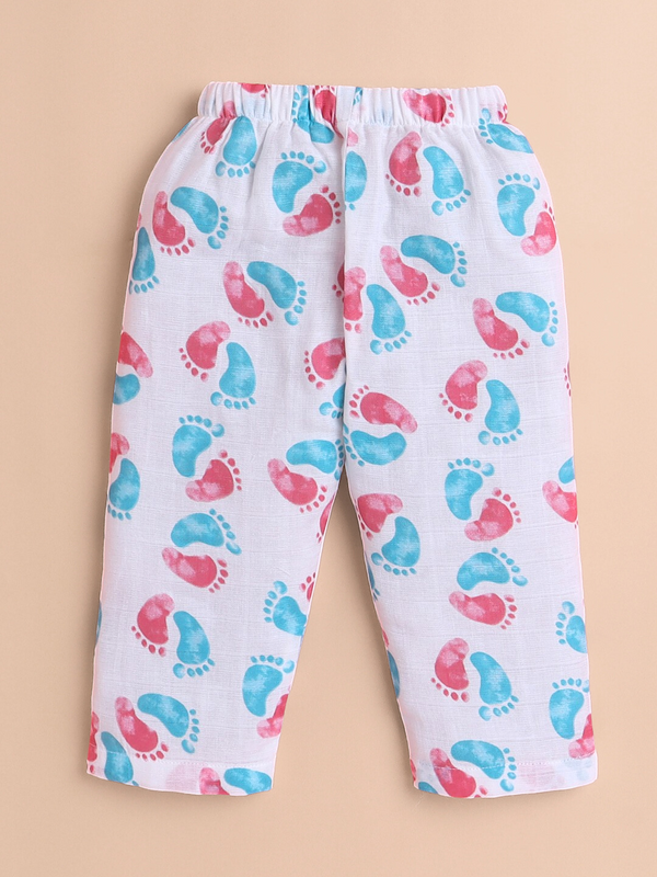 Polka Tots Soft Muslin Cotton Half sleeves Lil Feet print Jhabla and Pant Set - Pink & Blue
