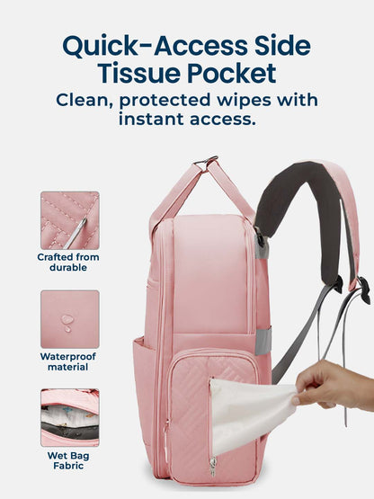Pink backpack with quick-access side tissue pocket featuring durable, waterproof material and wet bag fabric.