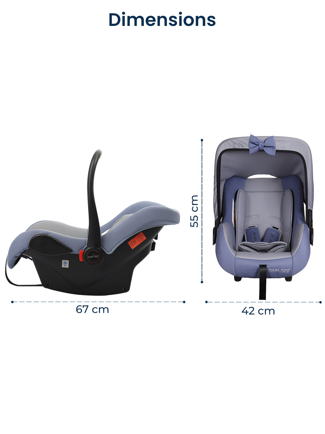 Dimensions of a baby car seat with measurements shown on a white background