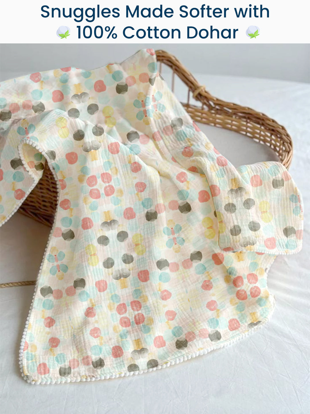 Polka Tots 100% Soft Muslin Cotton 3-Layer Reversible Baby Blanket/Dohar with Pom-Pom Lace - Rainbow Mist & Polka Dots Print