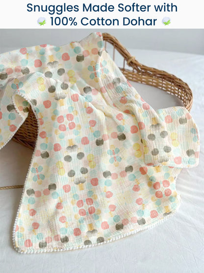 Polka Tots 100% Soft Muslin Cotton 3-Layer Reversible Baby Blanket/Dohar with Pom-Pom Lace - Rainbow Mist & Polka Dots Print
