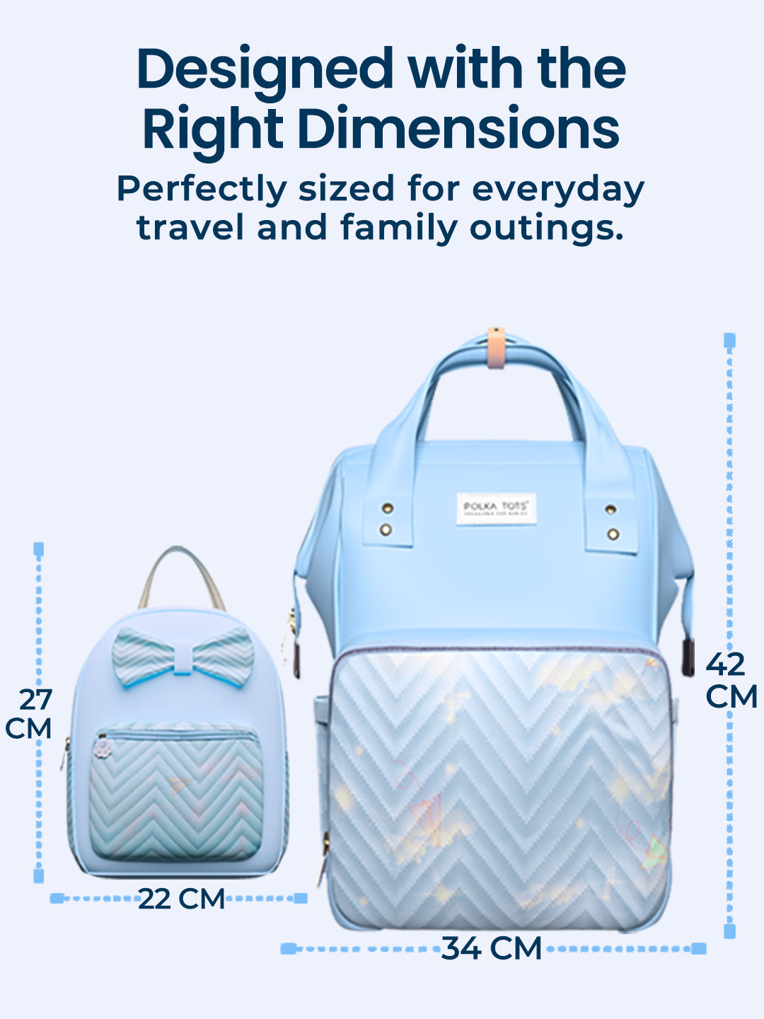 Light blue backpack with measurements on a white background