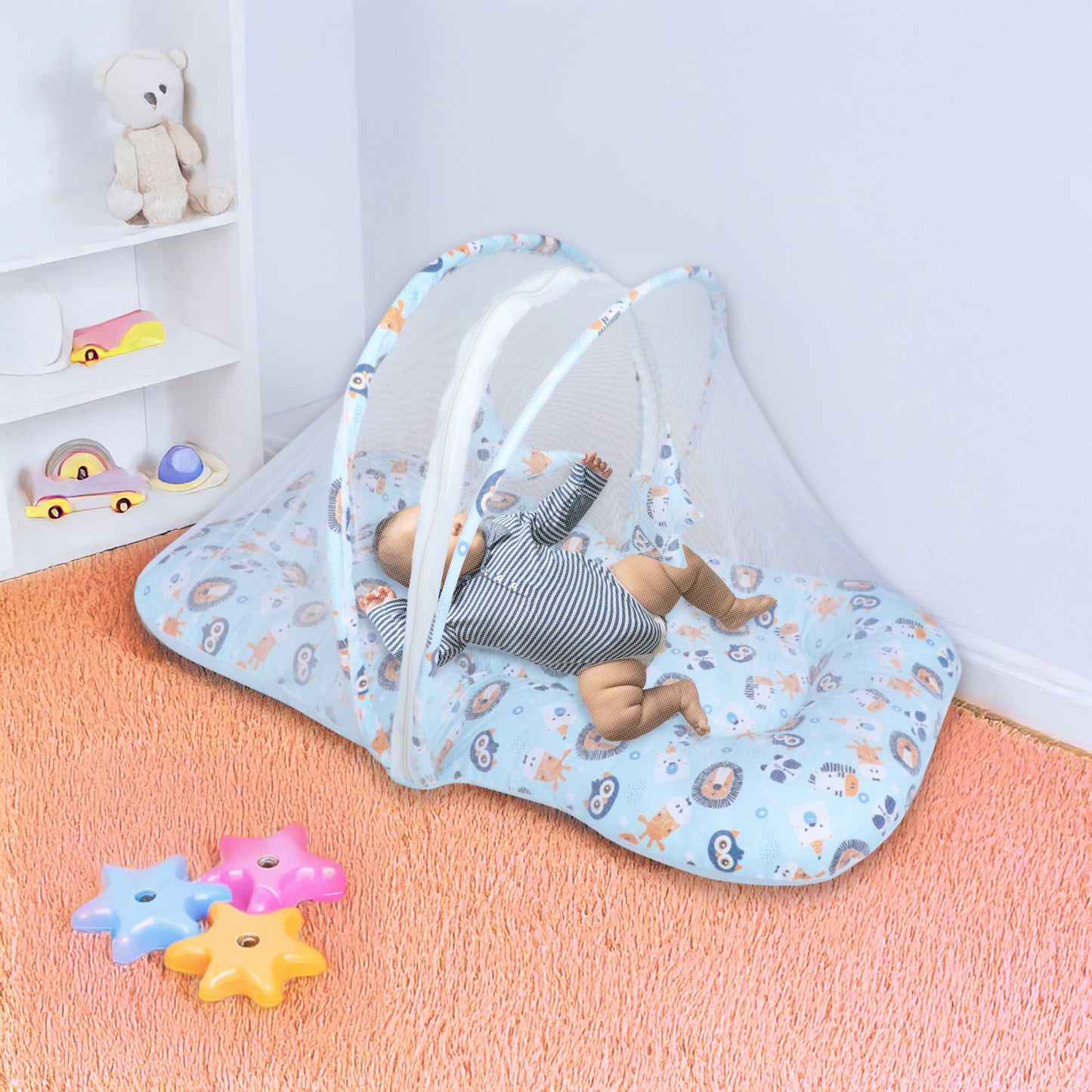 Polka Tots Cotton Baby Bedding Mosquito Net Set with Toys Dangling - Lion print Blue