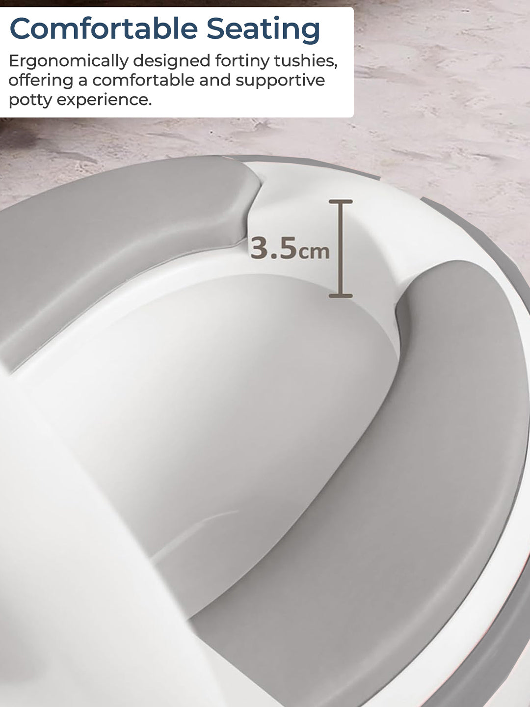 Ergonomically designed toilet seat with text about comfortable seating and measurement details.