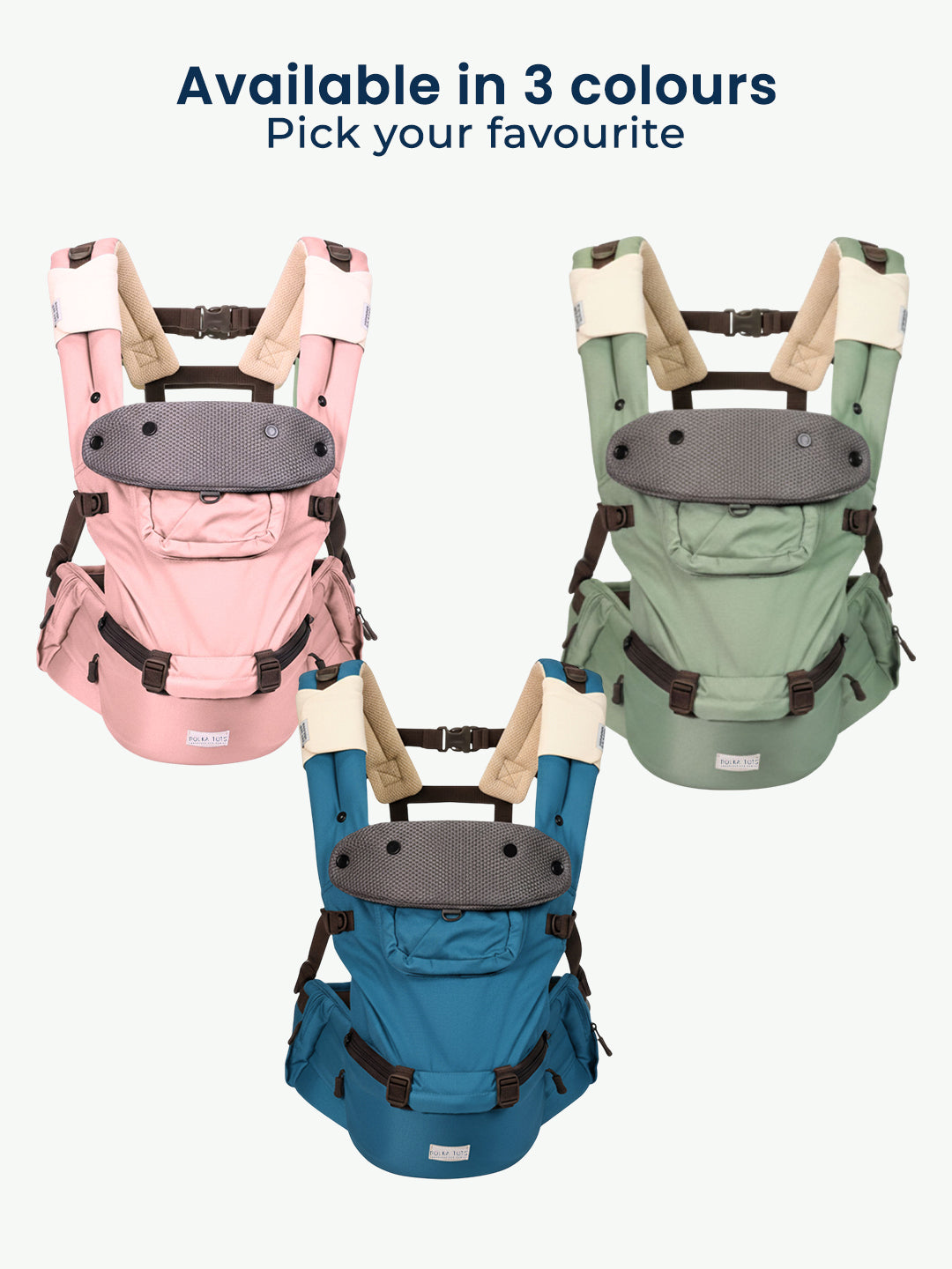 Three baby carriers in pink, green, and blue on a white background with text indicating color options.