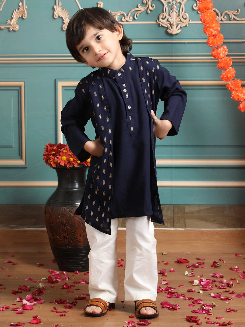 Polka Tots Full Sleeve Ethnic Motif Kurta Pyjama Set with Attached Koti - Navy
