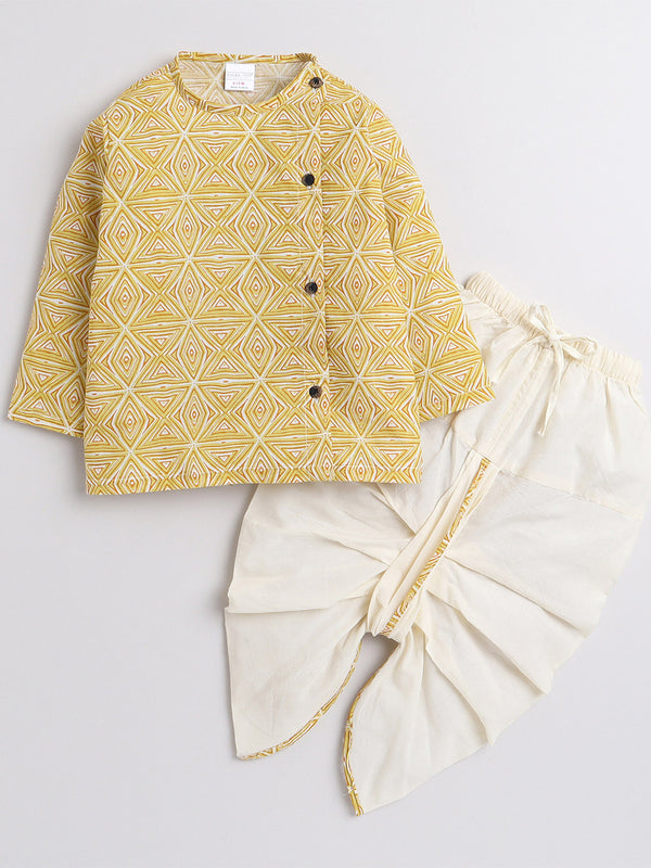 Polka Tots Full Sleeve Geometrical Print Angrakha kurta With Piping Dhoti - Yellow
