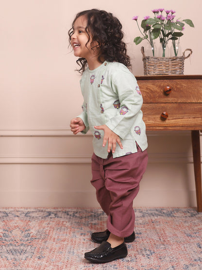 Polka Tots Full Sleeves Rickshaw Embroidery Angrakha with Dhoti - Green