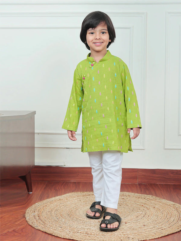 Polka Tots Full Sleeve Leaf embroidery Kurta Pyjama Set - Green