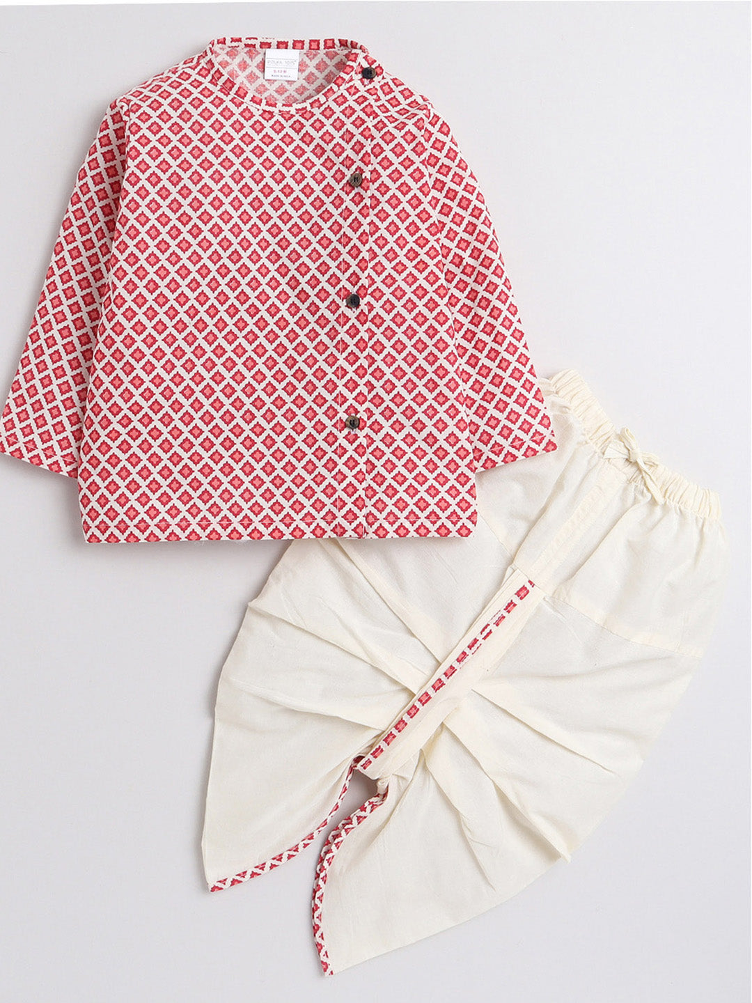 Polka Tots Full Sleeve Small Square Print Angrakha With Piping Dhoti - Cream