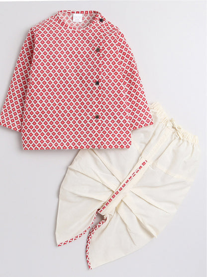 Polka Tots Full Sleeve Small Square Print Angrakha With Piping Dhoti - Cream