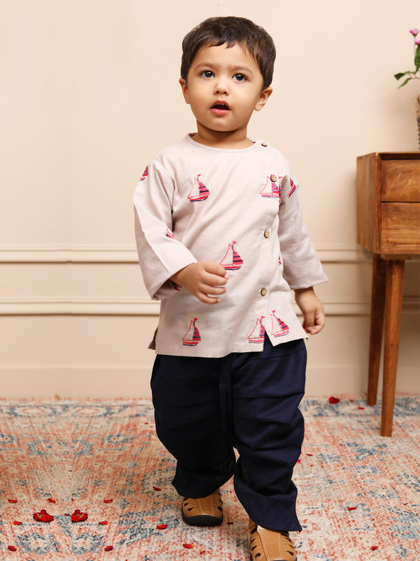 Polka Tots Full Sleeves Boat Embroidery Angrakha with Dhoti - Grey