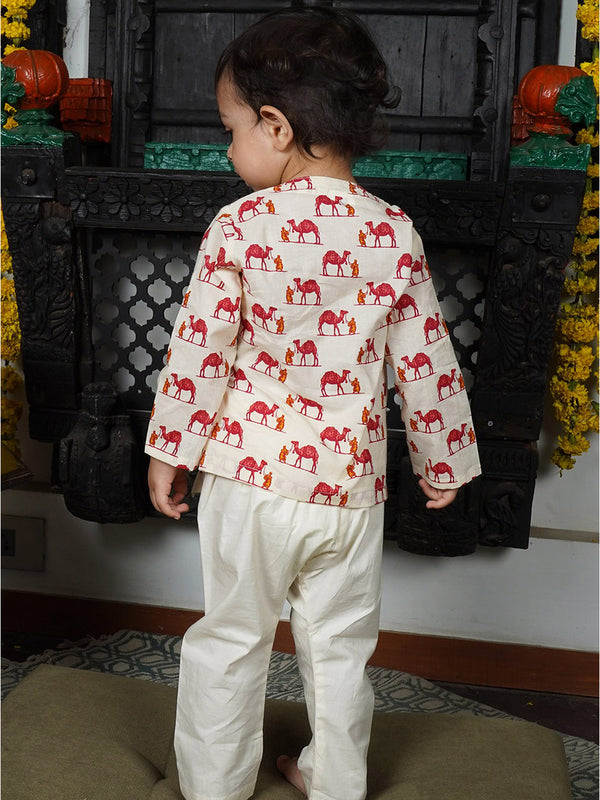 Polka Tots Cotton Camel Print Full Sleeves Angrakha Kedia Pant Set - Cream