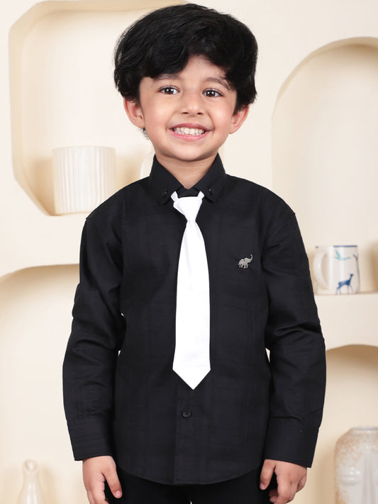 Polka Tots Full Sleeves Cotton self textured Shirt with Tie - Black