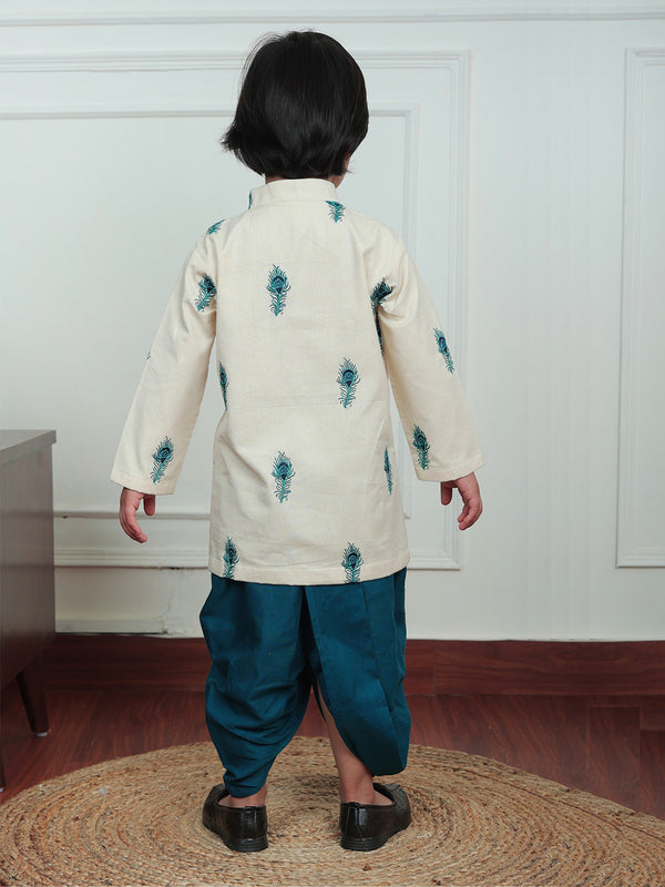 Polka Tots Peacock print Angrakha With Dhoti - Cream