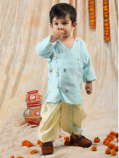 Polka Tots Full sleeves Flower Embroidery Angrakha With Dhoti Set - Blue