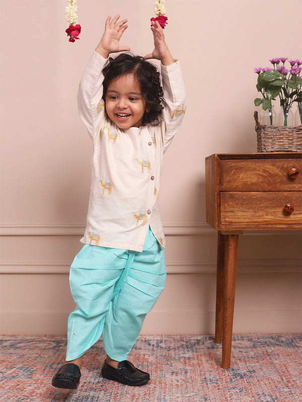 Polka Tots Full Sleeve Camel Embroidery Angrakha Top With Dhoti - cream