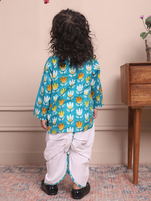 Polka Tots Full Sleeves Lotus Print Angrakha with Dhoti - Blue