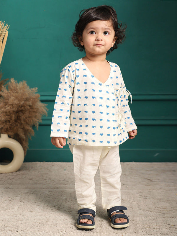 Polka Tots Full Sleeve Elephant Print Front Open Angrakha Kedia Pant Set - Blue