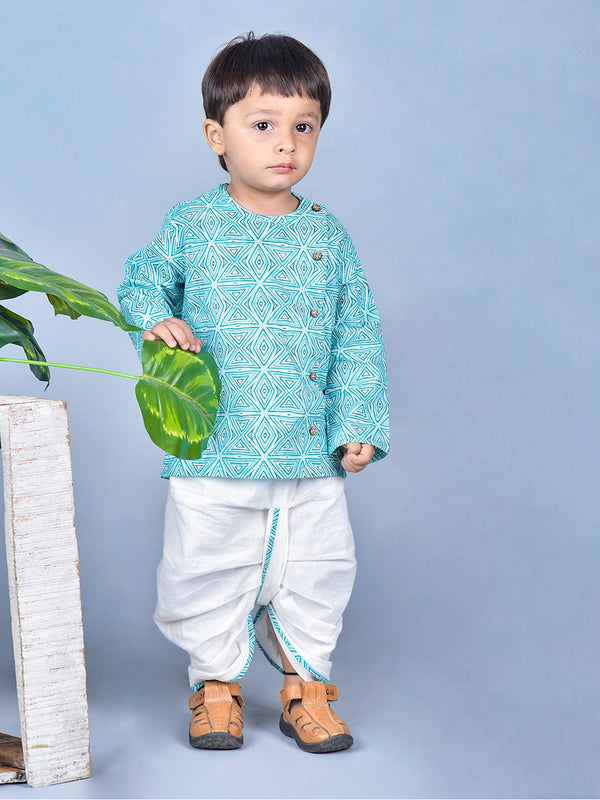 Polka Tots Full Sleeve Angrakha With Dhoti Geometric Print Set - Blue & White