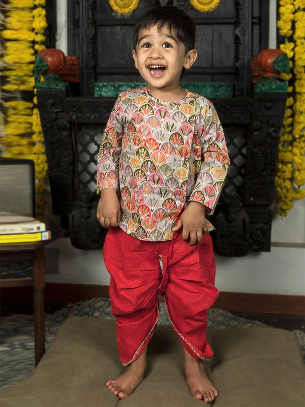 Polka Tots Full Sleeves Floral Print Angrakha with Dhoti - Red