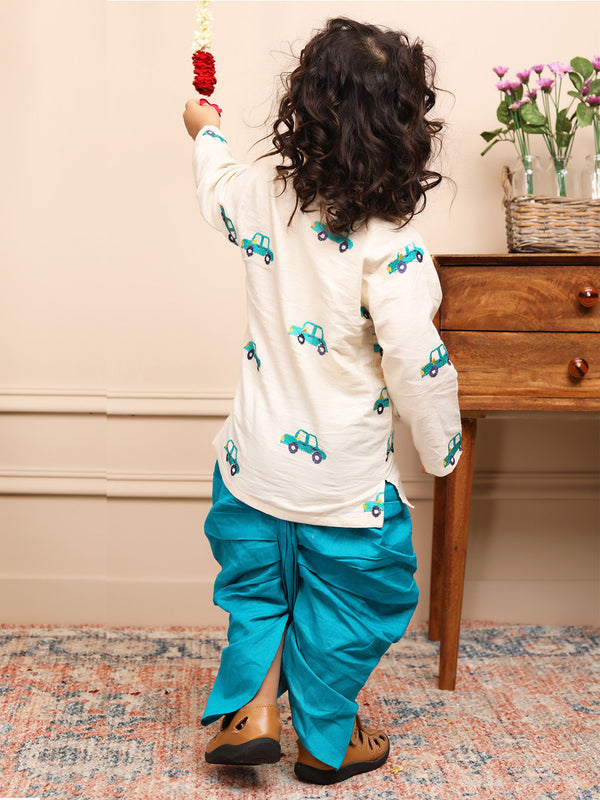 Polka Tots Full Sleeve Car Embroidery Angrakha Top With Dhoti - cream