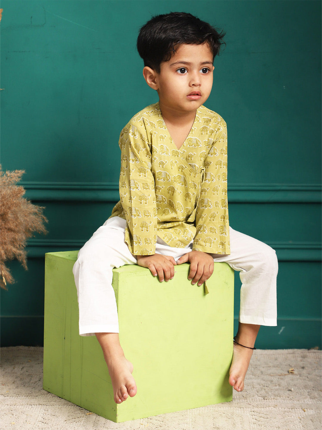 Polka Tots 100% Super Soft Cotton Full Sleeve Elephant Print Front Open Angrakha Kedia Pant Set - Green