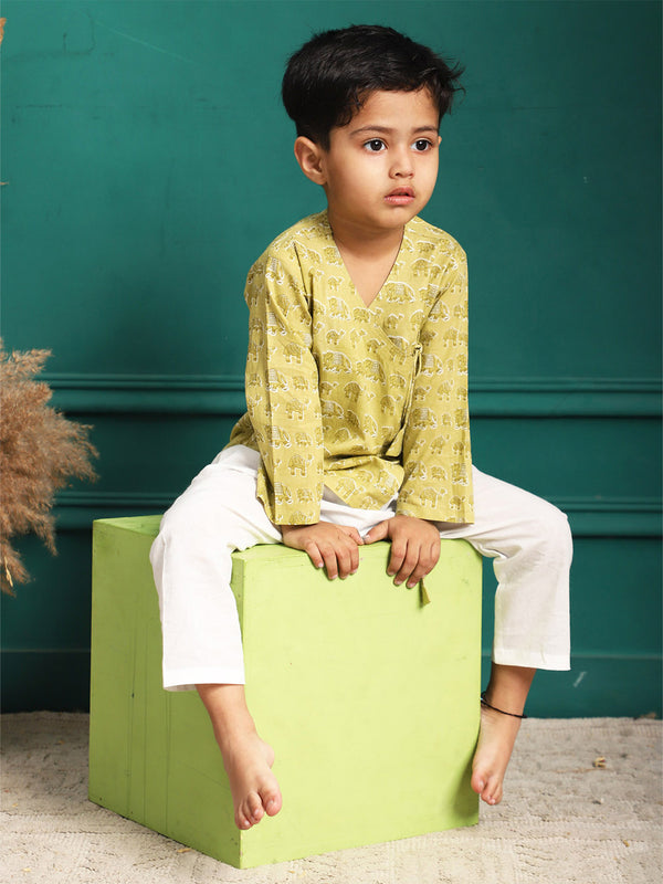 Polka Tots Super Soft Cotton Full Sleeve Elephant Print Front Open Angrakha Kedia Pant Set - Green