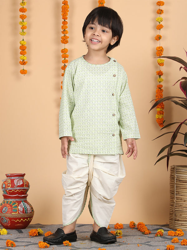 Polka Tots Full Sleeve Traditional print Angrakha Top With Dhoti - Green