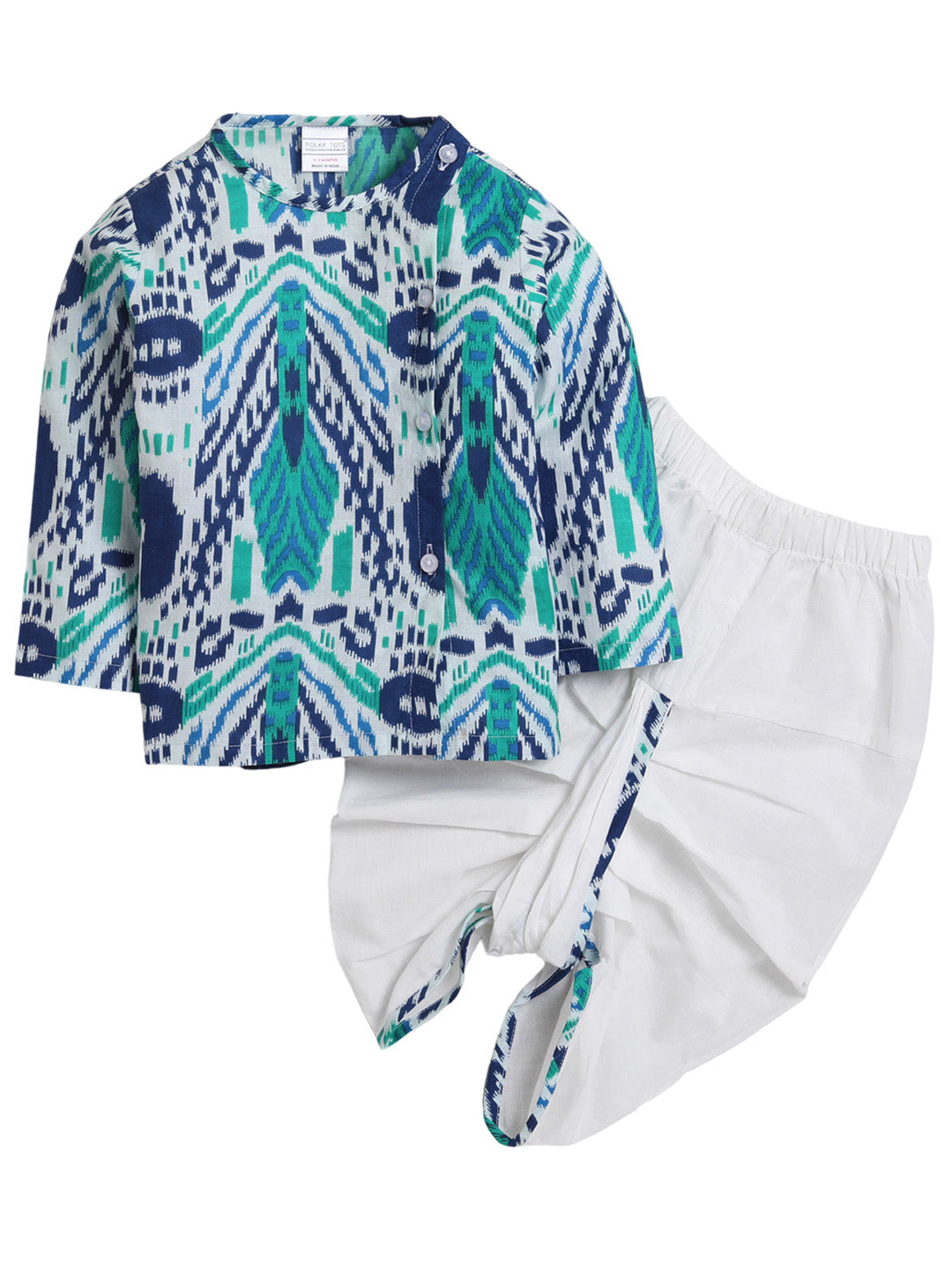 Polka Tots Dhoti Kurta Set for Boys 100% Super Soft Cotton Traditional Ethnic Wear For Kids Peacock Print  - White