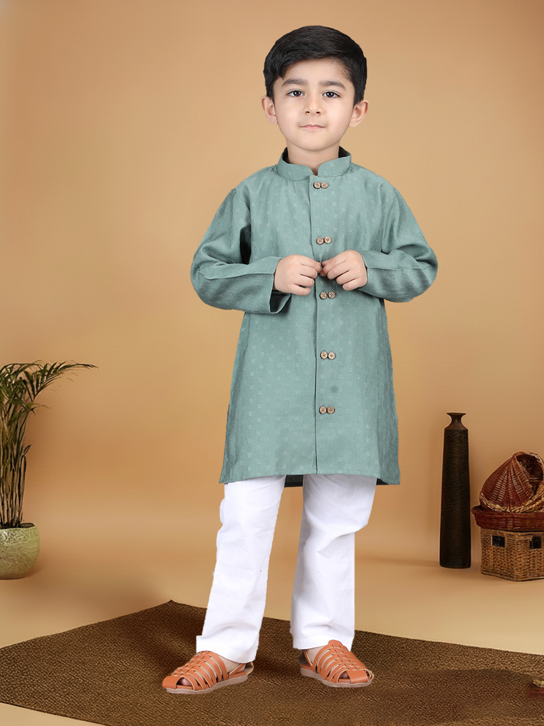 Polka Tots Full Sleeve Boys Geometric Buta Weave Ethnic Kurta Pyjama Set with Wooden Buttons - Green