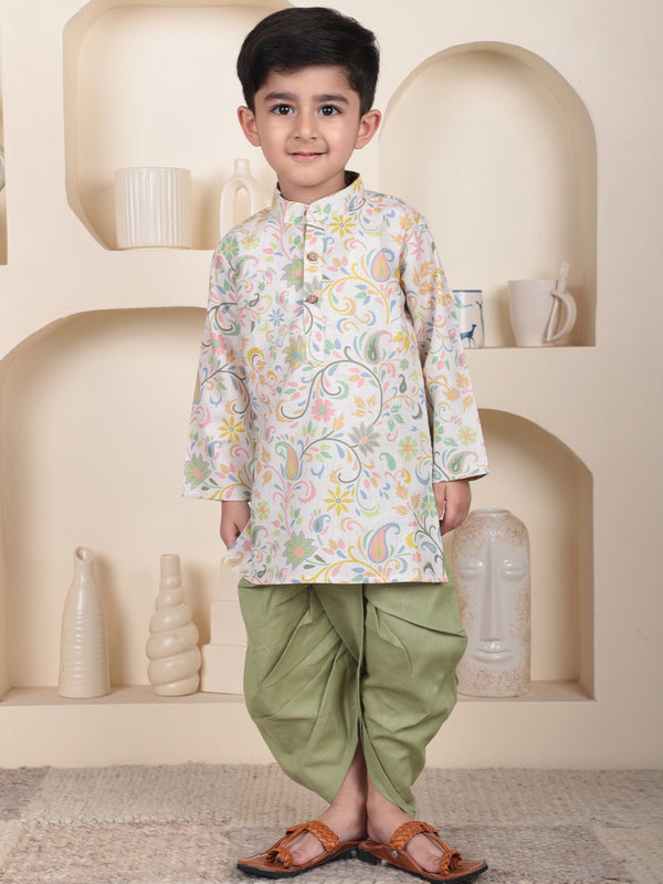 Polka Tots Full Sleeve Floral print Kurta With Dhoti Set - Green