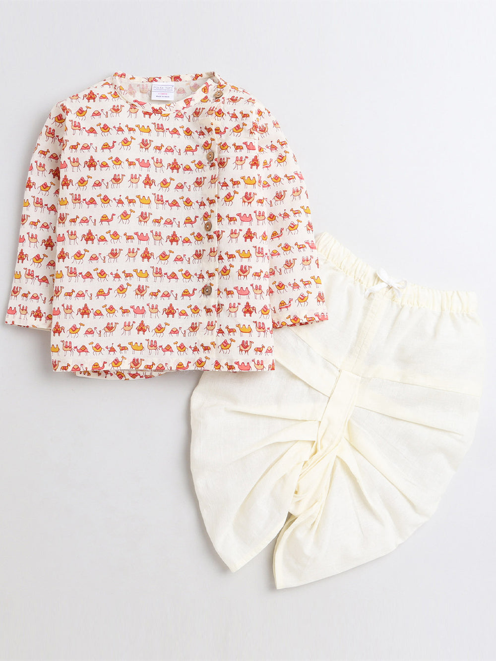 Polka Tots Dhoti Kurta Set for Boys 100% Super Soft Cotton Traditional Ethnic Wear For Kids Red Camel - Cream
