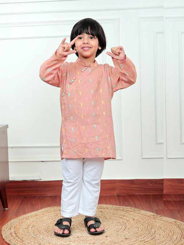 Polka Tots Full Sleeve Leaf embroidery Kurta Pyjama Set - Orange