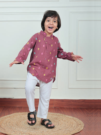Polka Tots Full Sleeve Leaf embroidery Kurta Pyjama Set - Brown