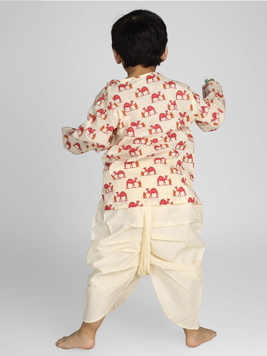 Polka Tots Full Sleeve Camel Print Angrakha Top With Dhoti - Cream