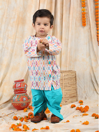 Polka Tots Full Sleeve Abstract print Angrakha With Dhoti - Turquoise Blue