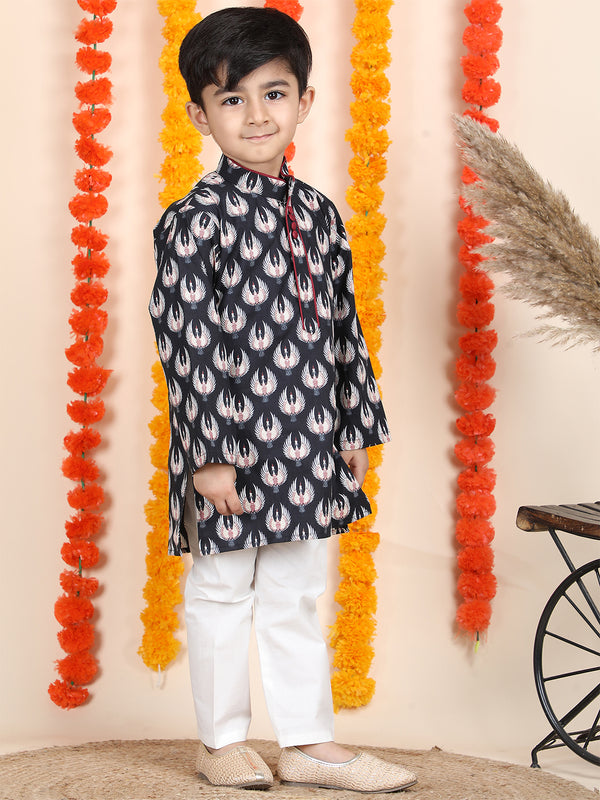 Polka Tots Full Sleeve Bird Print Ethnic Kurta Pyjama Set - Navy Blue