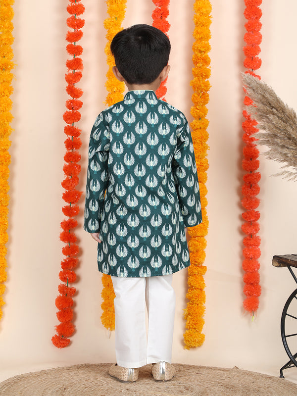 Polka Tots Full Sleeve Bird Print Ethnic Kurta Pyjama Set - Teal