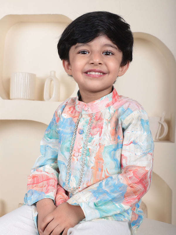 Polka Tots Full Sleeve Abstract print Ethnic Kurta Pyjama Set - Peach