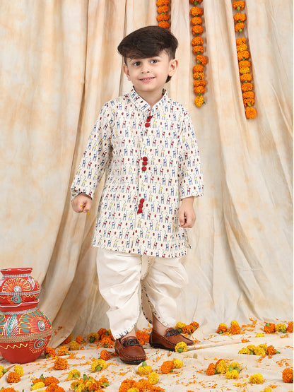 Polka Tots Full Sleeve Cat print Angrakha With Dhoti - White