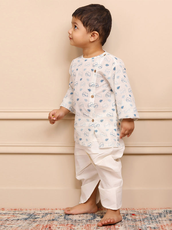 Polka Tots Full Sleeves Elephant Print Angrakha with Dhoti - White & Blue
