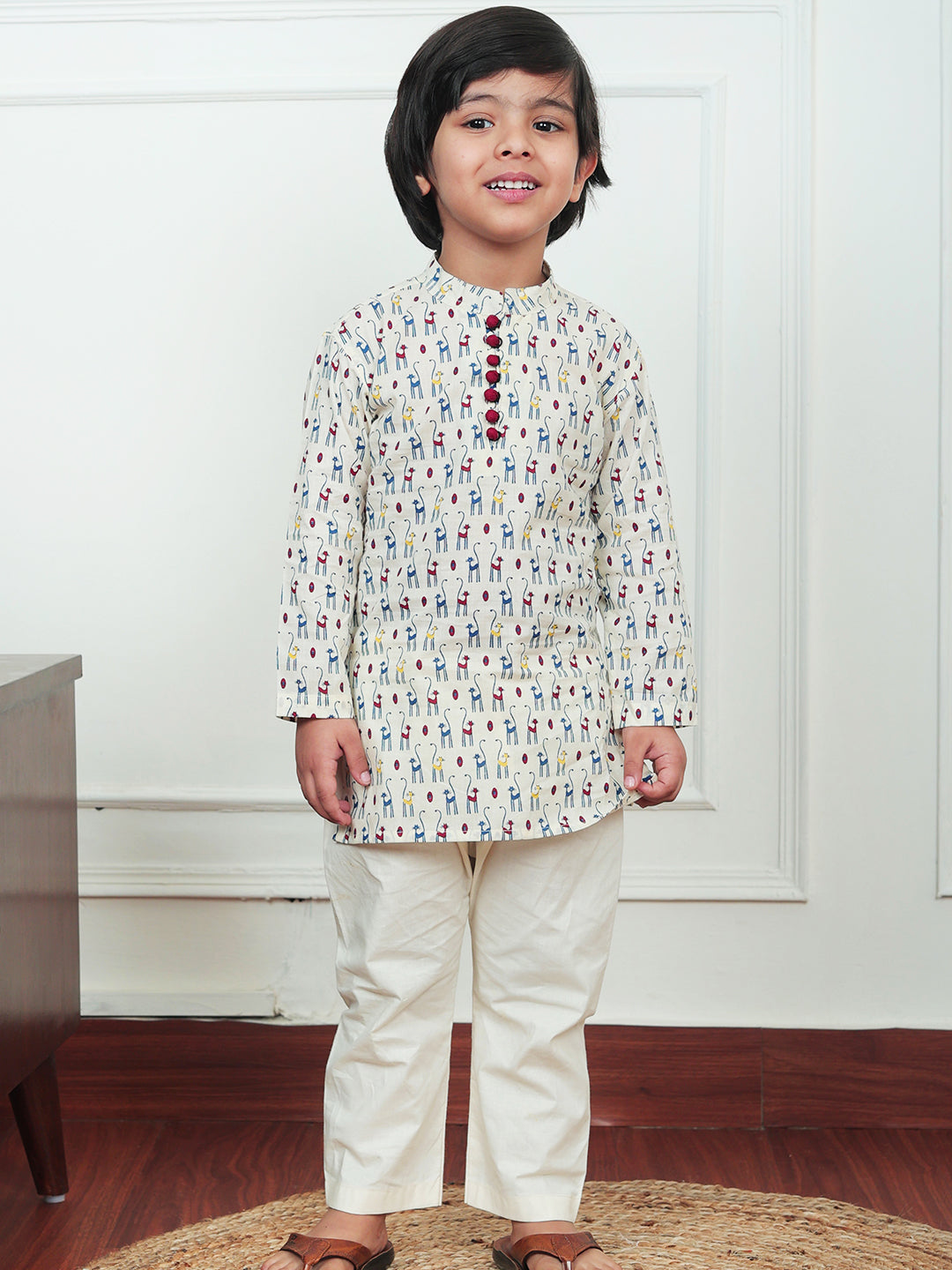 Polka Tots Full Sleeve Cat print Kurta Pyjama Set - Cream