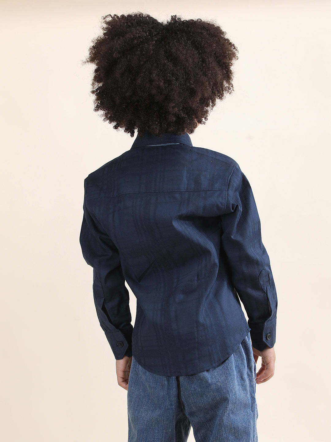 Polka Tots Full Sleeves Cotton self textured Shirt with Tie - Navy