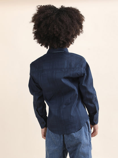 Polka Tots Full Sleeves Cotton self textured Shirt with Tie - Navy