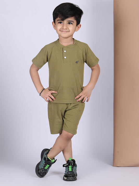 Polka Tots Half Sleeves Solid T-Shirt Shorts - Green