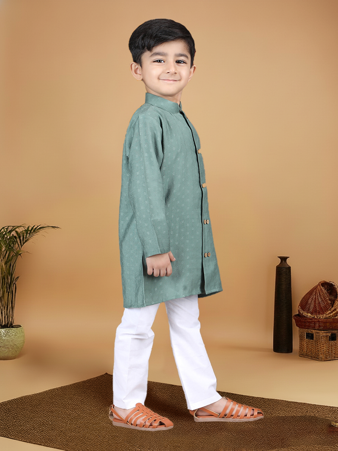 Polka Tots Full Sleeve Boys Geometric Buta Weave Ethnic Kurta Pyjama Set with Wooden Buttons - Green