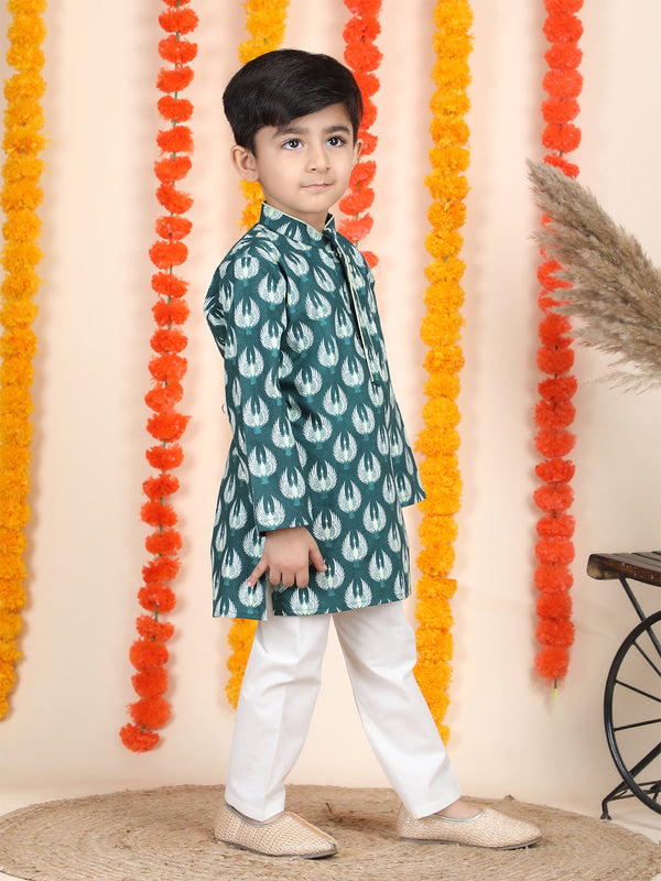 Polka Tots Full Sleeve Bird Print Ethnic Kurta Pyjama Set - Teal