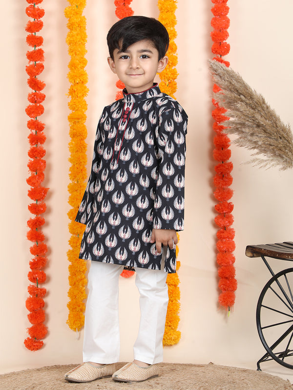 Polka Tots Full Sleeve Bird Print Ethnic Kurta Pyjama Set - Navy Blue
